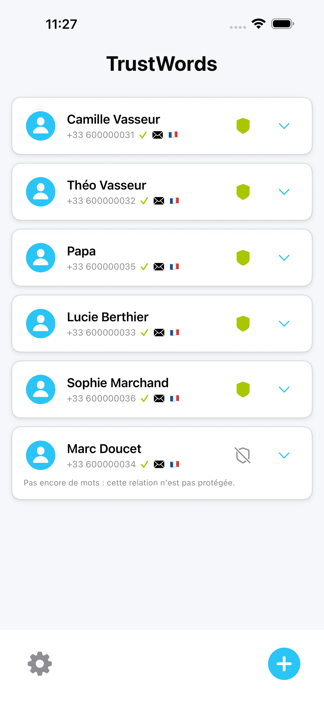 Der Startbildschirm von TrustWords mit der Liste der vertrauten Kontakte